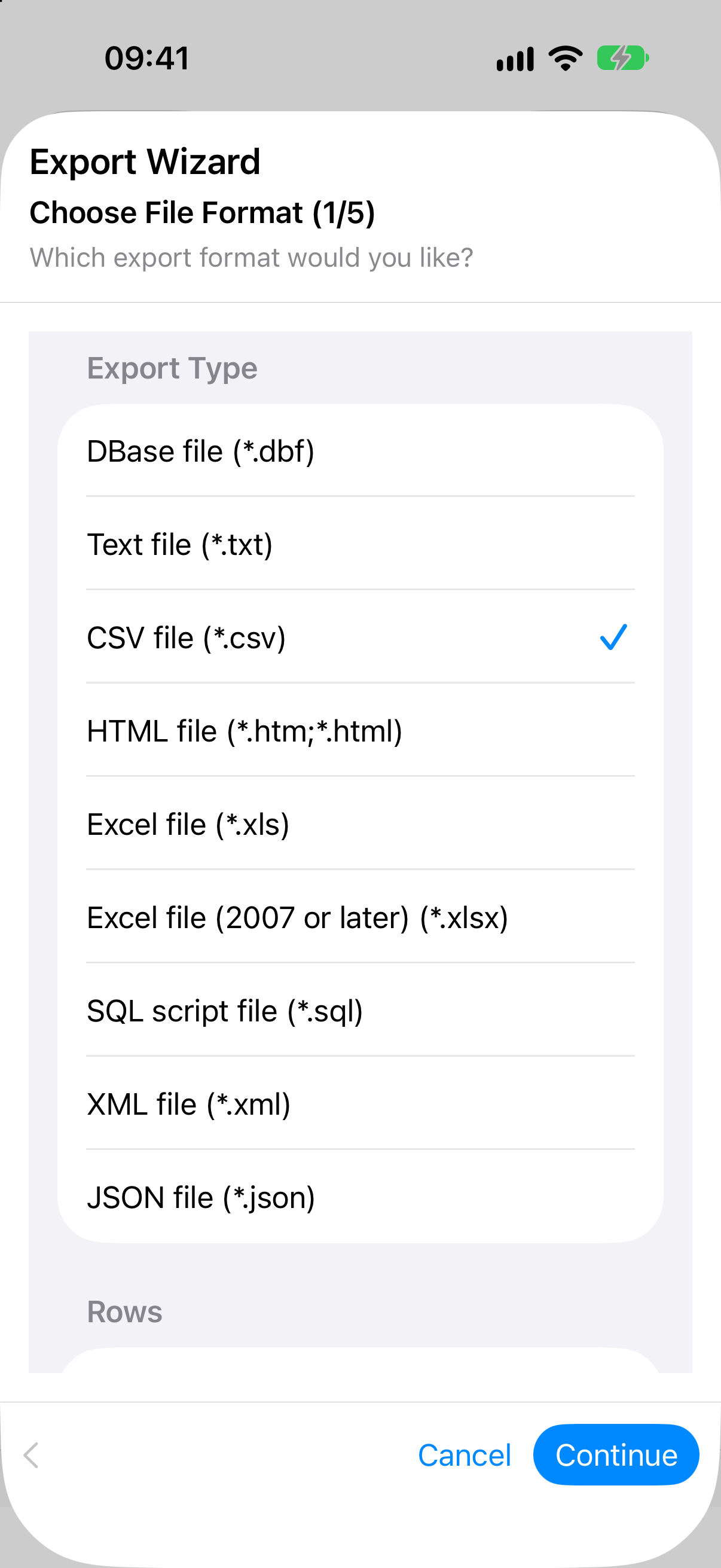 The export wizard in QueryDog on an iPhone, with its nine file formats.