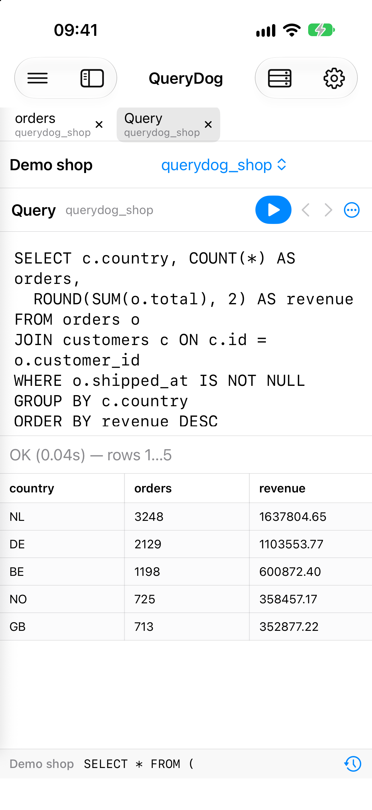 A query and its result in QueryDog on an iPhone.