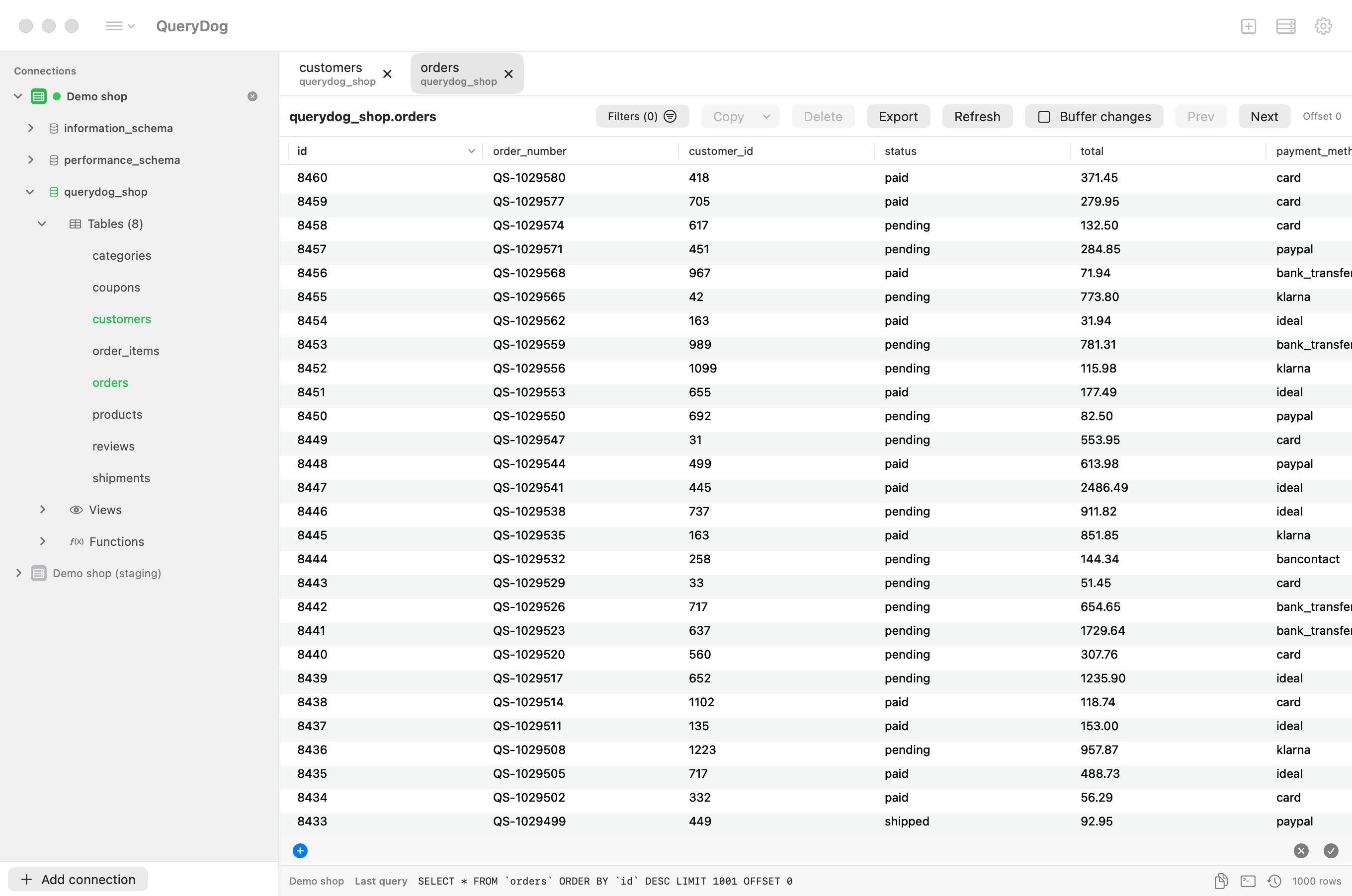 QueryDog on a Mac: databases and tables in the sidebar, a table of orders open in a tab.